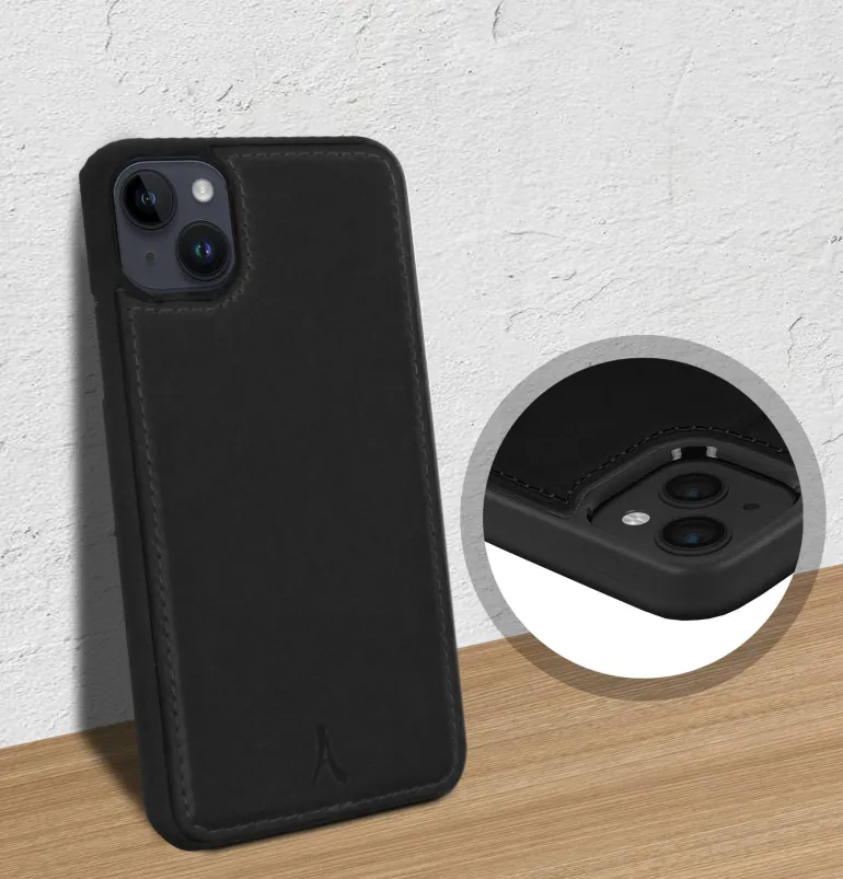 AKASHI coque cuir italien noir p/iph 14 plus< Téléphone Mobile