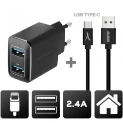 AKASHI c/secteur 2usb + cable usb-c noir< Téléphone Mobile