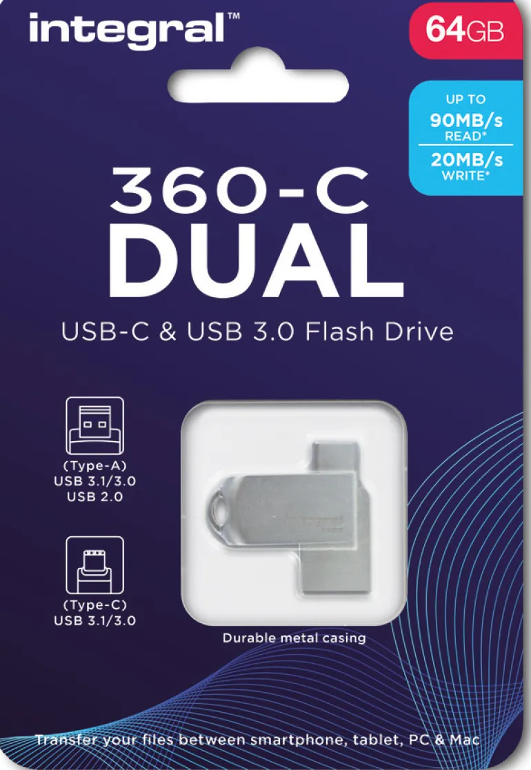 INTEGRAL cle 64gb usb3.0 + type-c dual 360.< Stockage