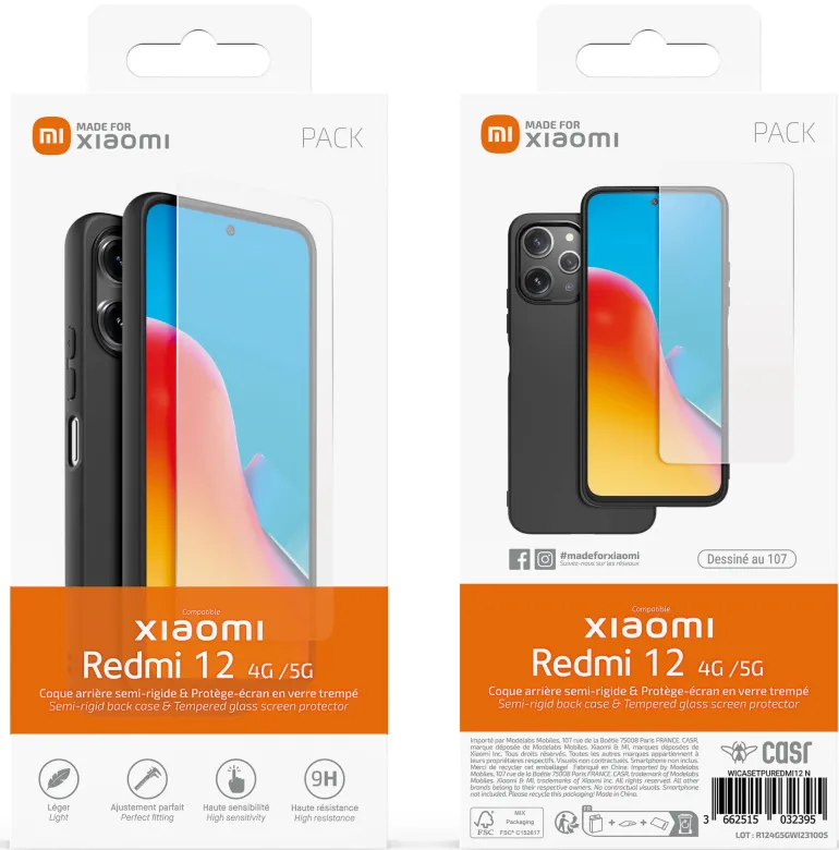XIAOMI coque noir tpu + verre trempe redmi 12< Téléphone Mobile